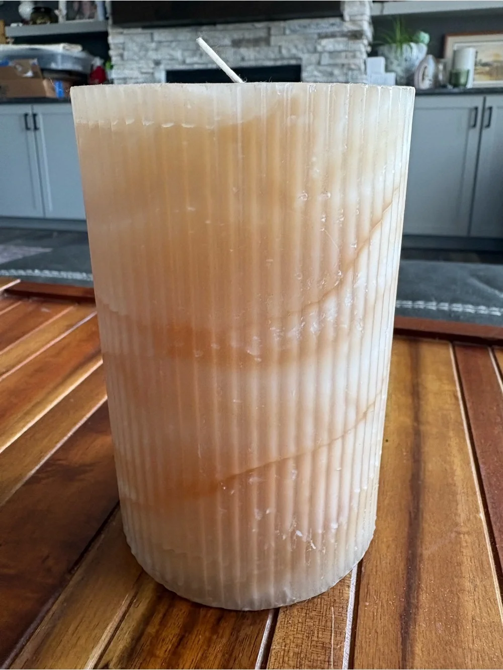 Pier 1 Cream & Beige Ribbed Marbled Pillar Candle